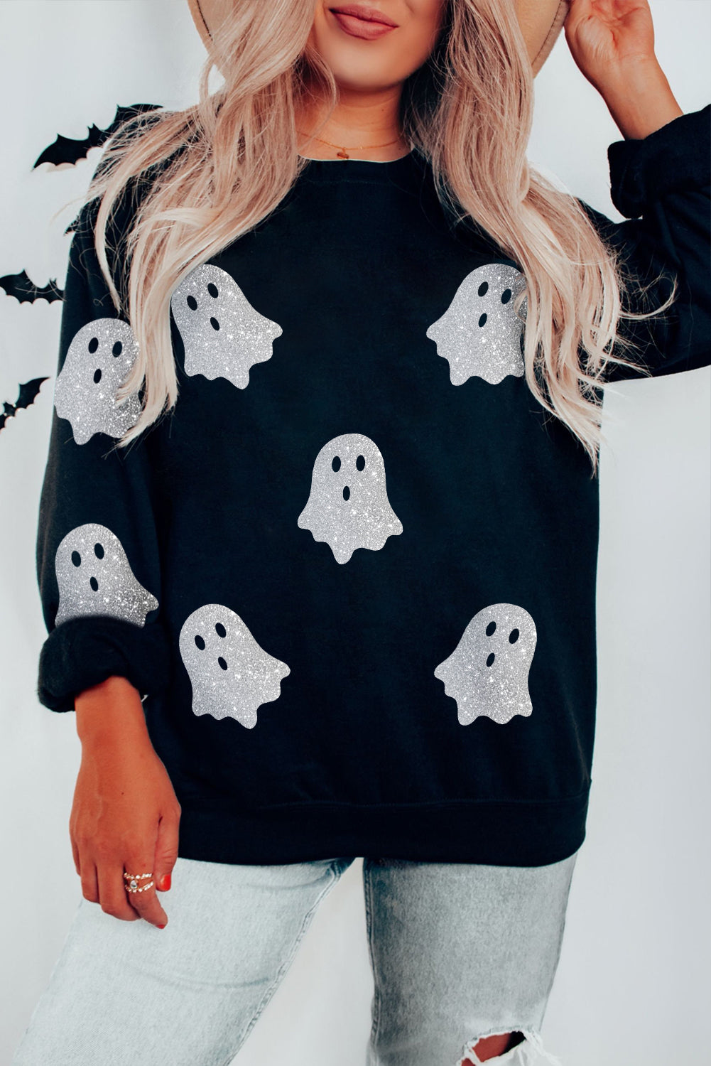 Black Glitter Ghost Pattern Crew Neck Halloween Sweatshirt Black 50%Polyester+50%Cotton Graphic Sweatshirts JT's Designer Fashion
