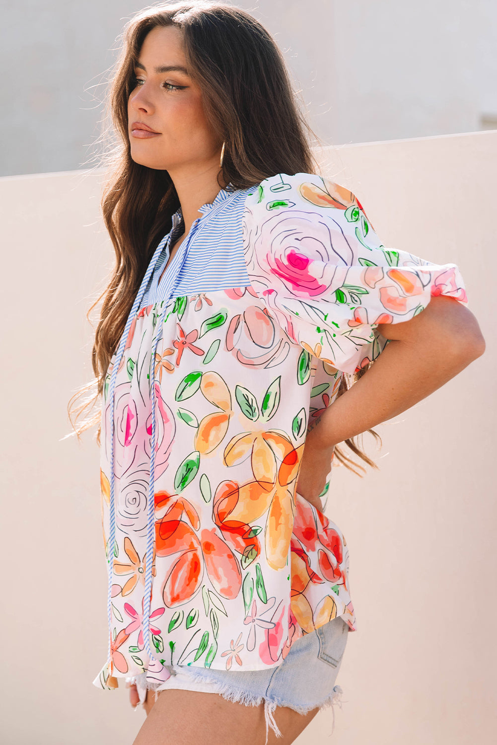 Multicolour Floral Print Striped Yoke Frilled V Neck Puff Short Sleeve Blouse Blouses & Shirts JT's Designer Fashion