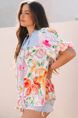 Multicolour Floral Print Striped Yoke Frilled V Neck Puff Short Sleeve Blouse Blouses & Shirts JT's Designer Fashion