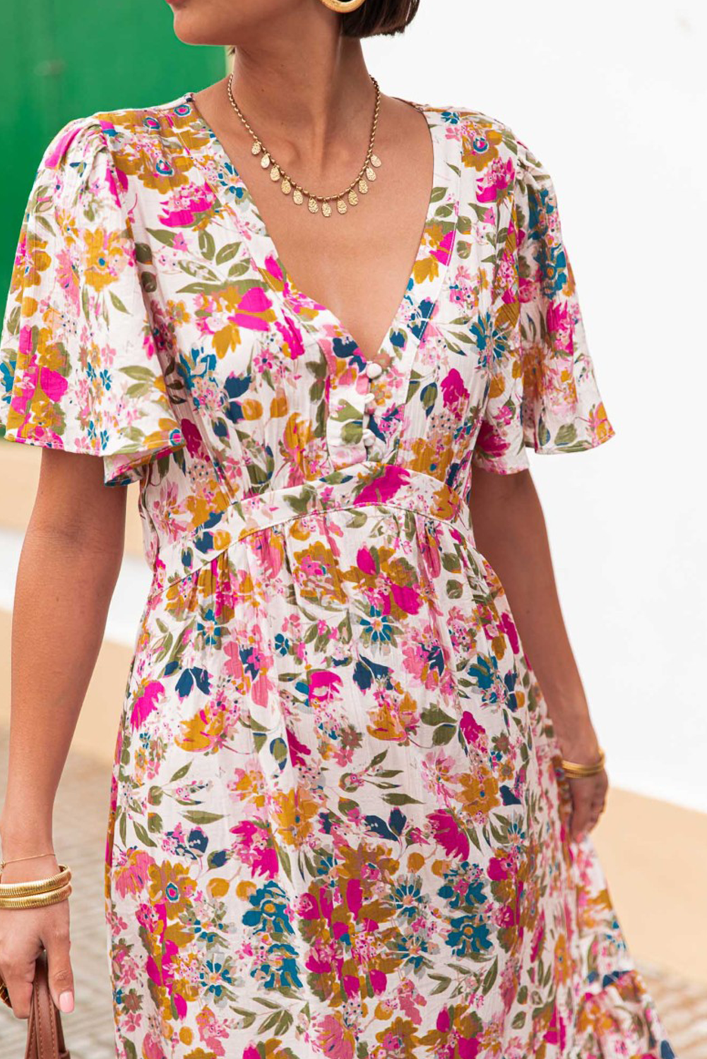 Red Floral Short Sleeve V Neck High Waist Maxi Dress Floral Dresses JT's Designer Fashion