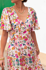 Red Floral Short Sleeve V Neck High Waist Maxi Dress Floral Dresses JT's Designer Fashion