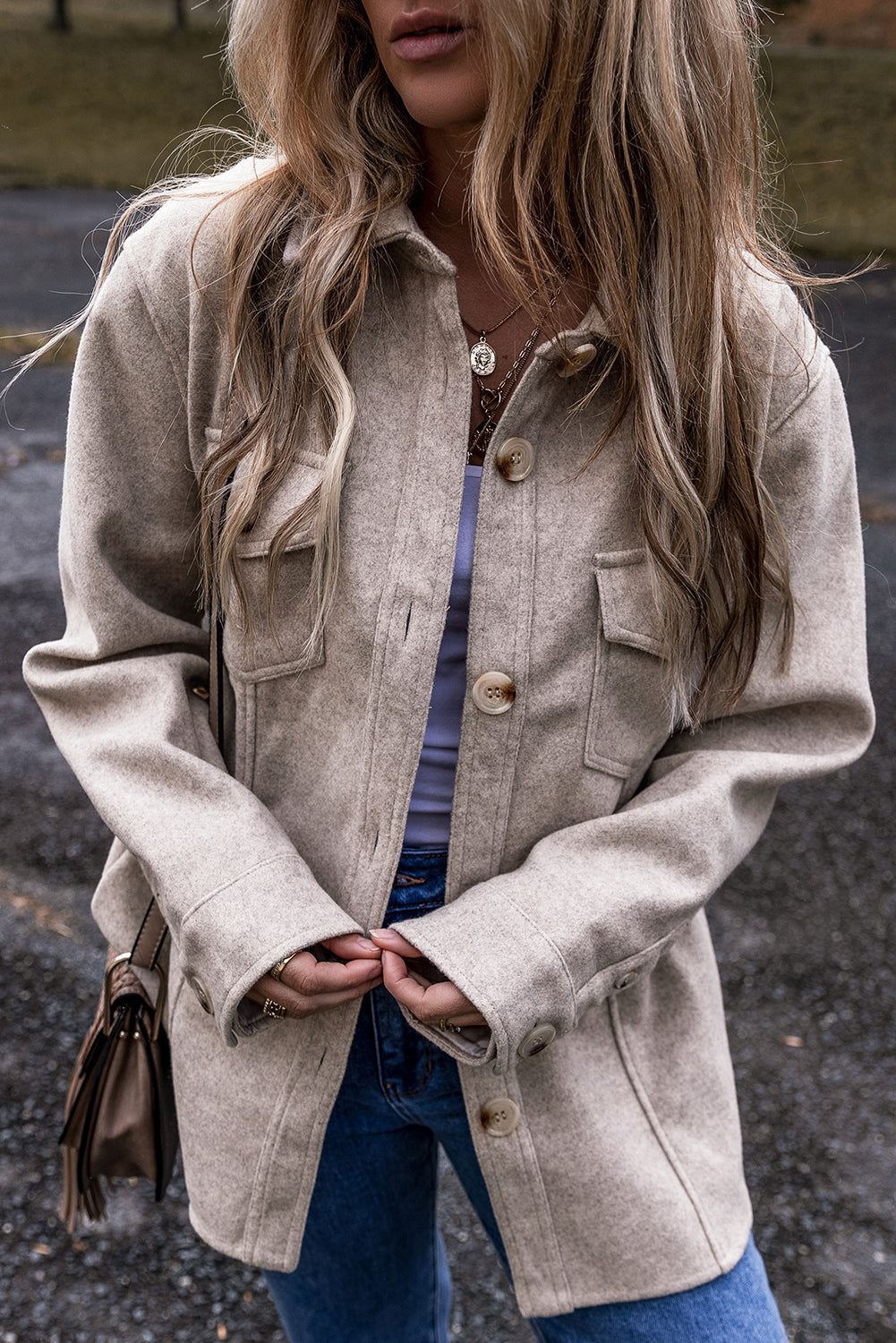 Light Grey Turn Down Collar Flap Pockets Buttoned Shacket Jackets JT's Designer Fashion