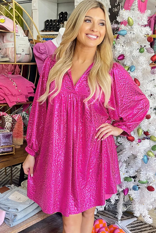 Rose Red Metallic Leopard Print Collared Babydoll Mini Dress Mini Dresses JT's Designer Fashion