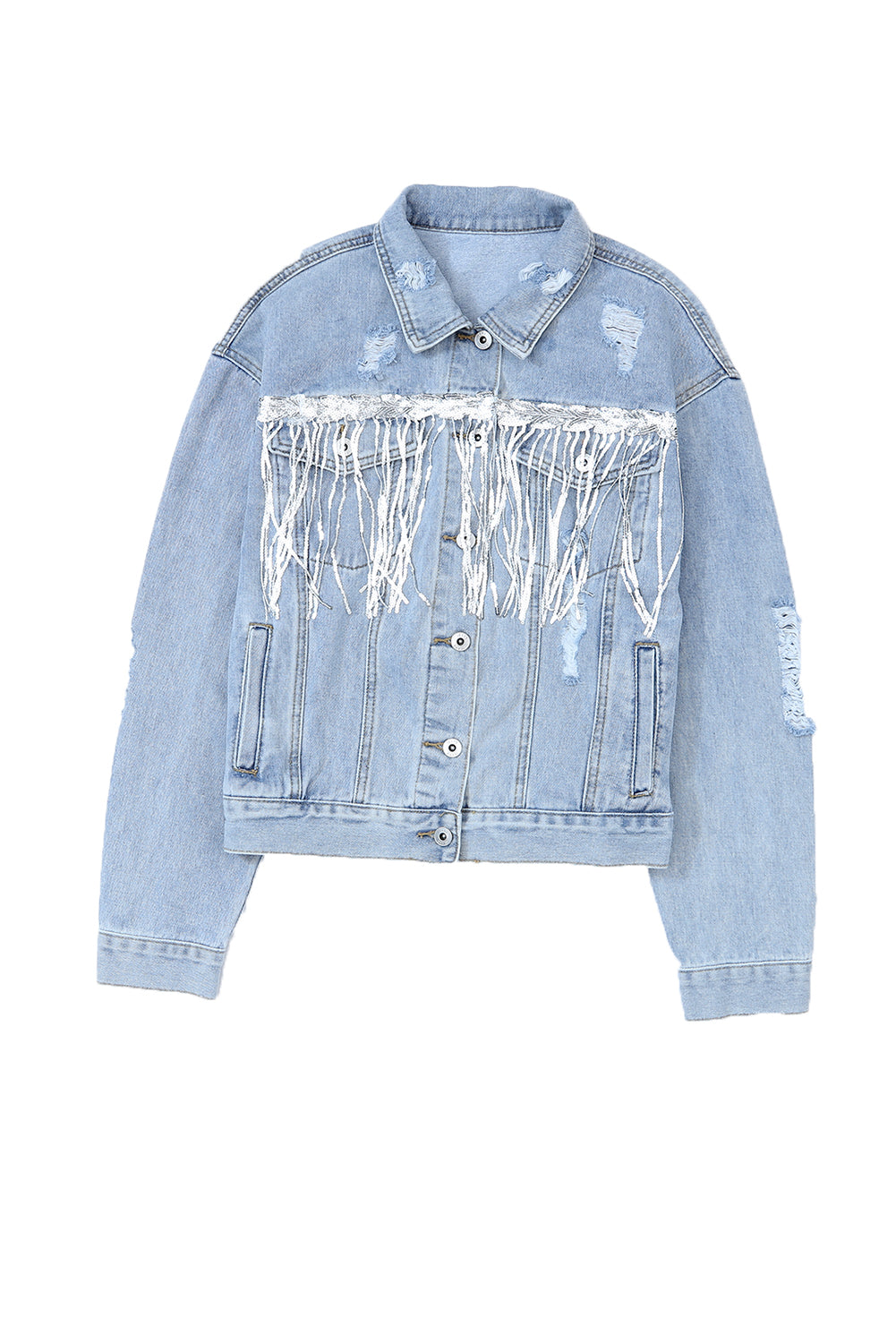 Sky Blue Sequin Embellished Fringe Distressed Denim Jacket Denim Jackets JT's Designer Fashion