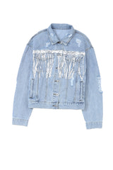 Sky Blue Sequin Embellished Fringe Distressed Denim Jacket Denim Jackets JT's Designer Fashion