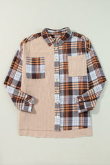 Khaki Thermal Knit Plaid Patchwork Shacket Plaid Shackets JT's Designer Fashion