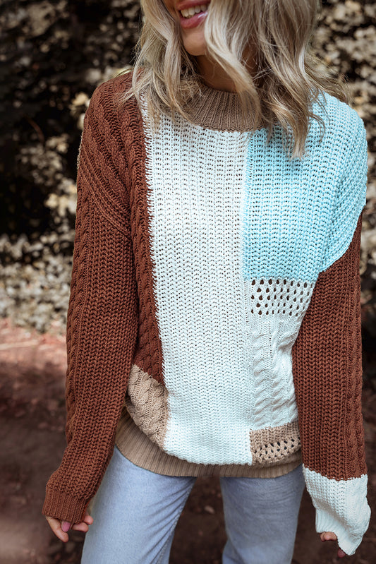 Khaki Mix Textured Knit Colorblock Patchwork Sweater Khaki 60%Cotton+40%Acrylic Sweaters JT's Designer Fashion