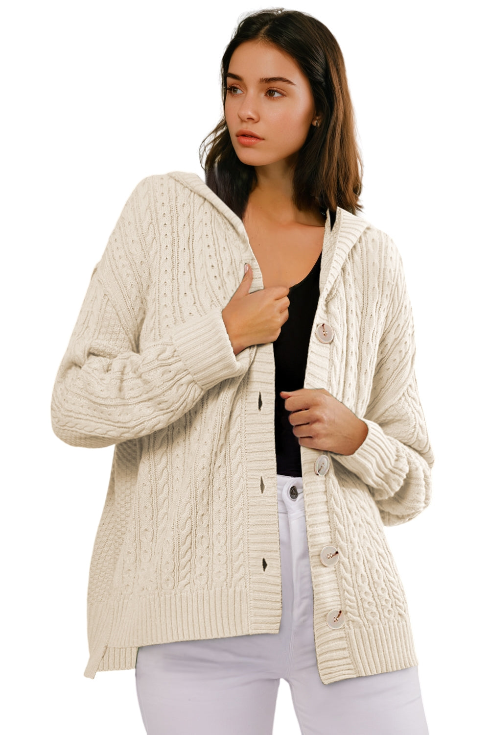 White Cable Knit Texture Uneven Hem Hooded Chic Cardigan Cardigans JT's Designer Fashion