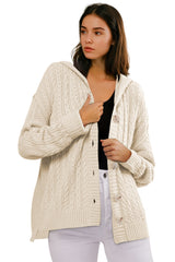 White Cable Knit Texture Uneven Hem Hooded Chic Cardigan Cardigans JT's Designer Fashion