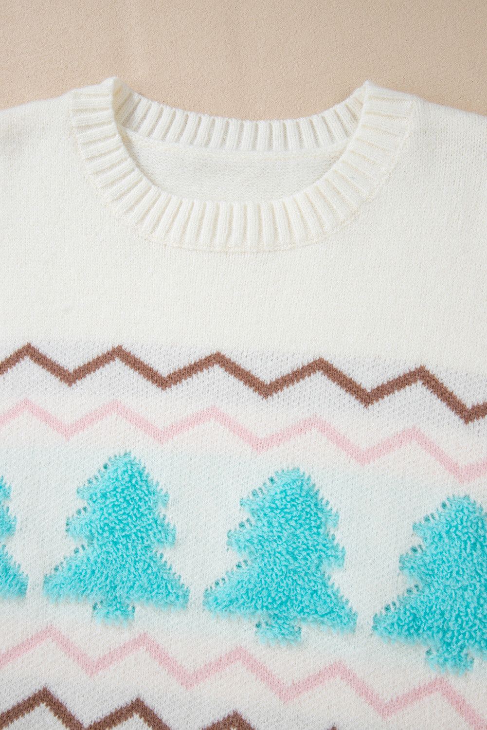 White Striped Christmas Tree Ribbed Trim Drop Shoulder Sweater Sweaters JT's Designer Fashion