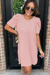 Blossom Corded Knit Crew Neck Puff Sleeve Shift Mini Dress T Shirt Dresses JT's Designer Fashion