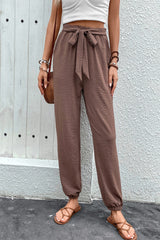 Tied High Waist Pants with Pockets Brown Bottoms JT's Designer Fashion