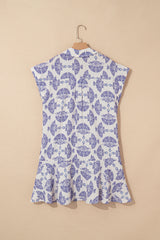Sky Blue Printed Shirt Collar Half Button A-line Mini Dress Dresses JT's Designer Fashion