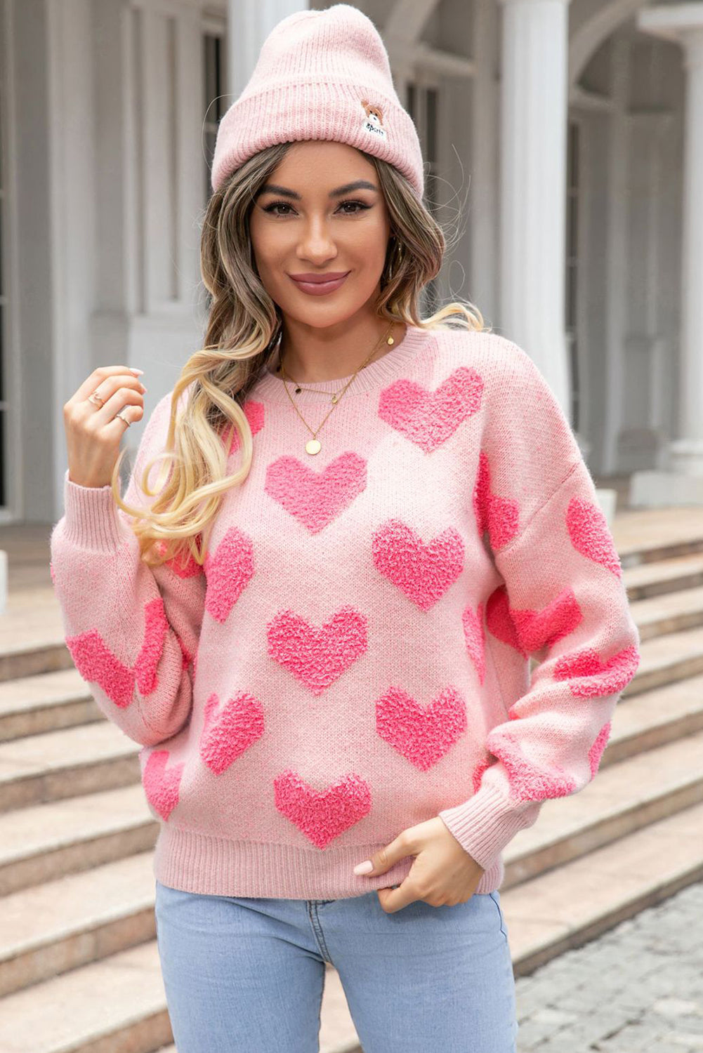 Light Pink Valentine's Day Heart Jacquard Knit Sweater Sweaters JT's Designer Fashion