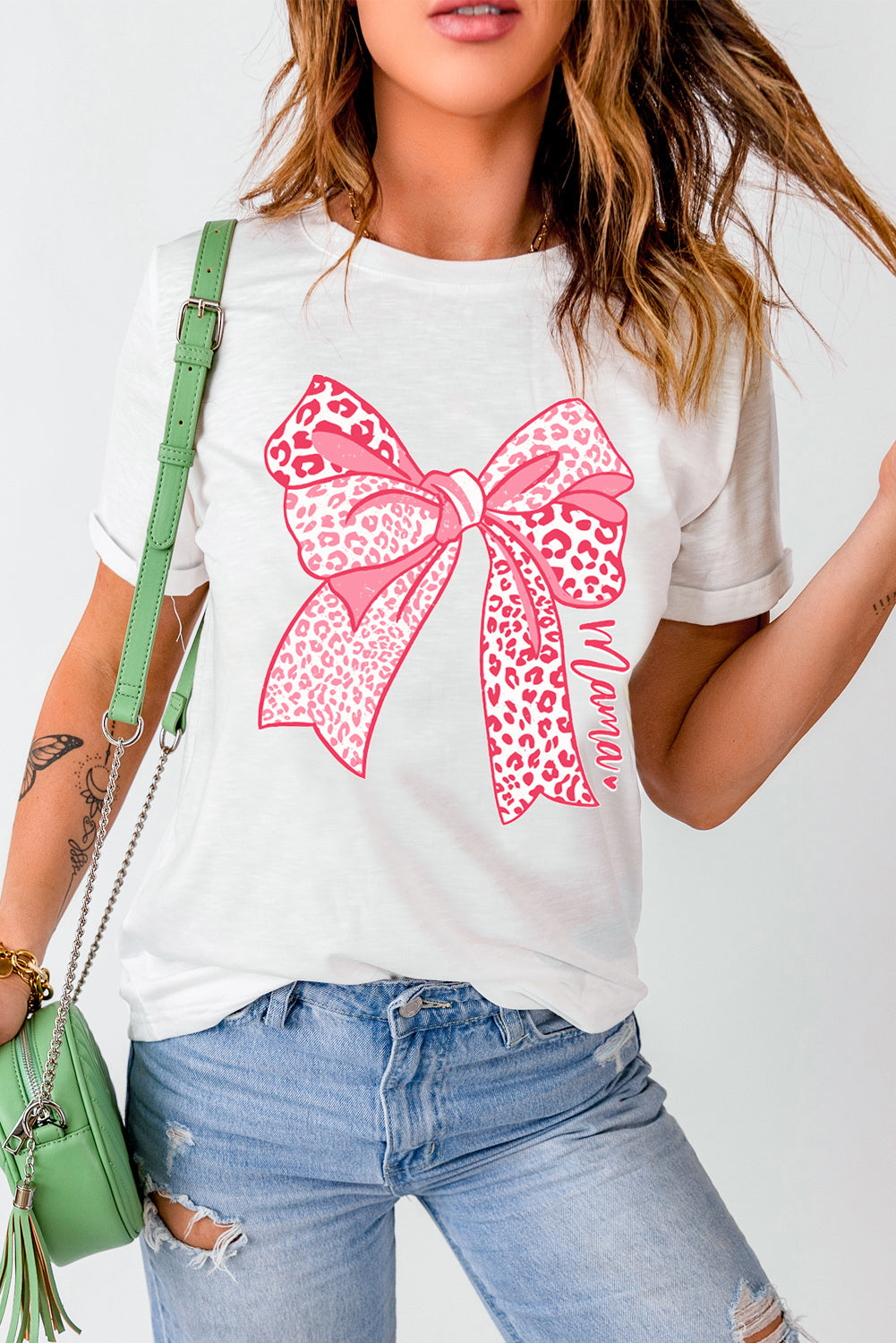 White Leopard Bow Graphic Mothers Day Fashion T Shirt Graphic Tees JT's Designer Fashion