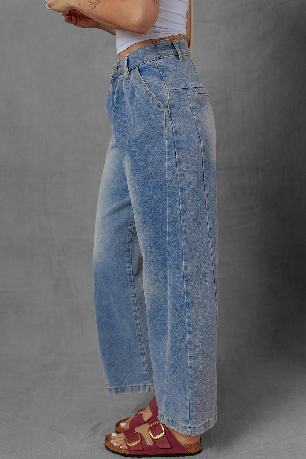 Ashleigh Blue Washed Pleated Detail Wide Leg Jeans Jeans JT's Designer Fashion