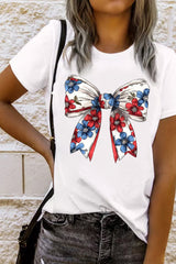 White July 4th Flower Bowknot Print Crew Neck T Shirt Graphic Tees JT's Designer Fashion