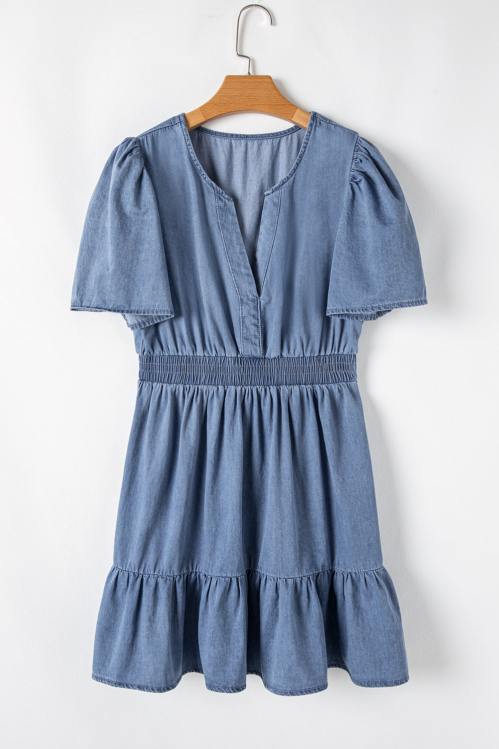 Ashleigh Blue Ruffled V Neck Smocked High Waist Denim Mini Dress Mini Dresses JT's Designer Fashion