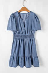 Ashleigh Blue Ruffled V Neck Smocked High Waist Denim Mini Dress Mini Dresses JT's Designer Fashion