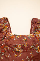 Red Floral Puff Sleeve Square Neck Knot Open Back Mini Dress Mini Dresses JT's Designer Fashion