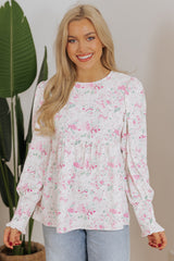 Pink Floral Print Shirred Balloon Sleeve Keyhole Back Babydoll Blouse Blouses & Shirts JT's Designer Fashion