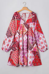 Rose Mixed Floral Long Sleeve V Neck Lace-up Hollowed Back Plus Size Dress Plus Size Mini Dresses JT's Designer Fashion