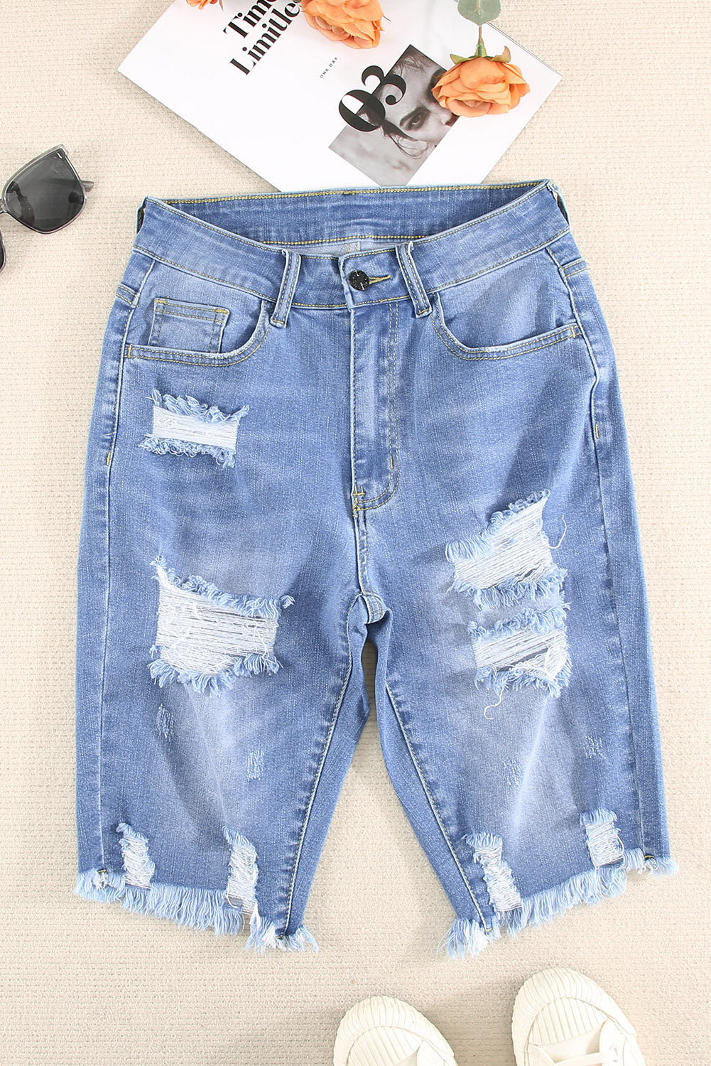 Sky Blue Ripped Tassel Bermuda Denim Shorts Denim Shorts JT's Designer Fashion