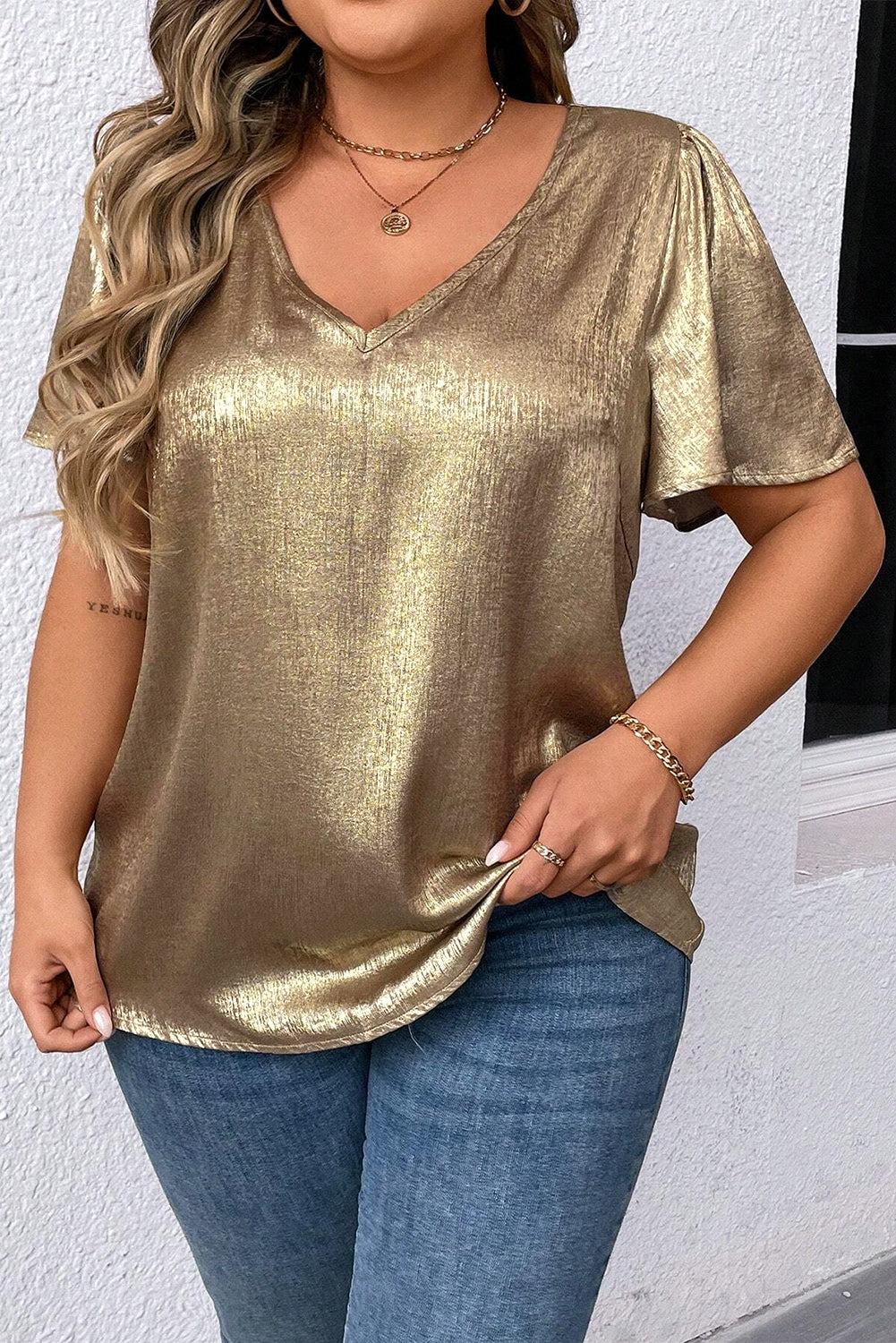 Gold Plus Size Metallic V Neck Short Sleeve Blouse Gold 100%Polyester Plus Size Tops & Tees JT's Designer Fashion