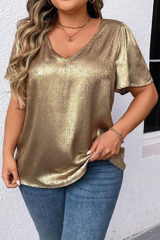 Gold Plus Size Metallic V Neck Short Sleeve Blouse Plus Size Tops & Tees JT's Designer Fashion