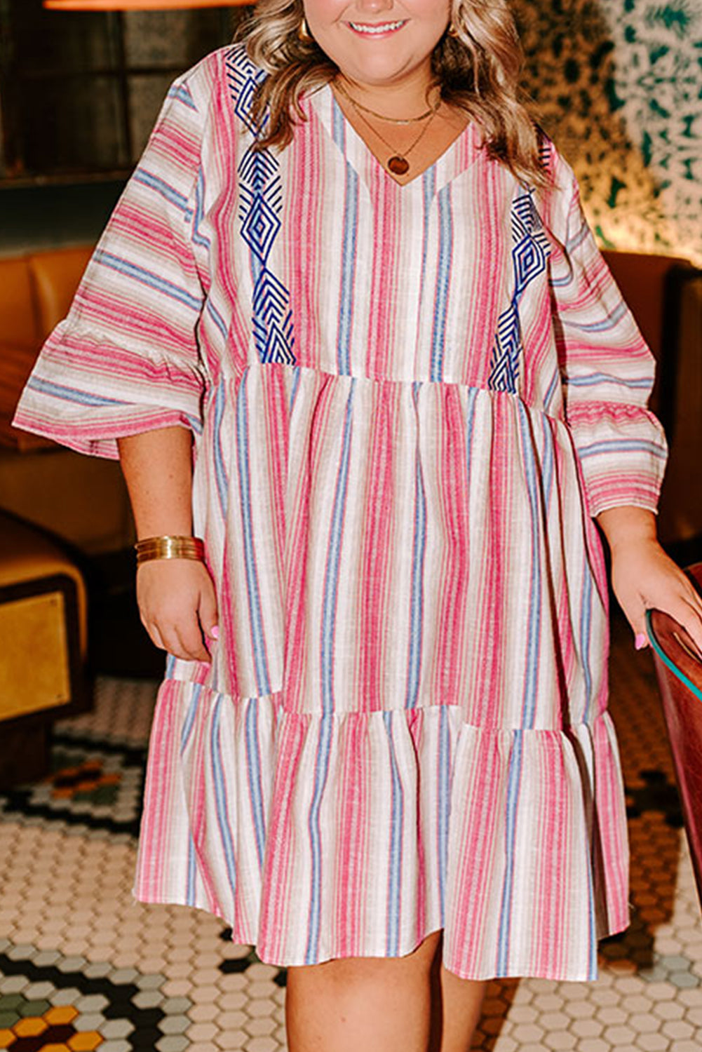 White Stripe Plus Size Embroidered Detail Flared 3/4 Sleeve V Neck Dress White Stripe 50%Polyester+50%Cotton Plus Size Mini Dresses JT's Designer Fashion
