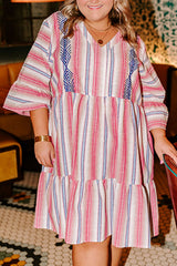 White Stripe Plus Size Embroidered Detail Flared 3/4 Sleeve V Neck Dress White Stripe 50%Polyester+50%Cotton Plus Size Mini Dresses JT's Designer Fashion