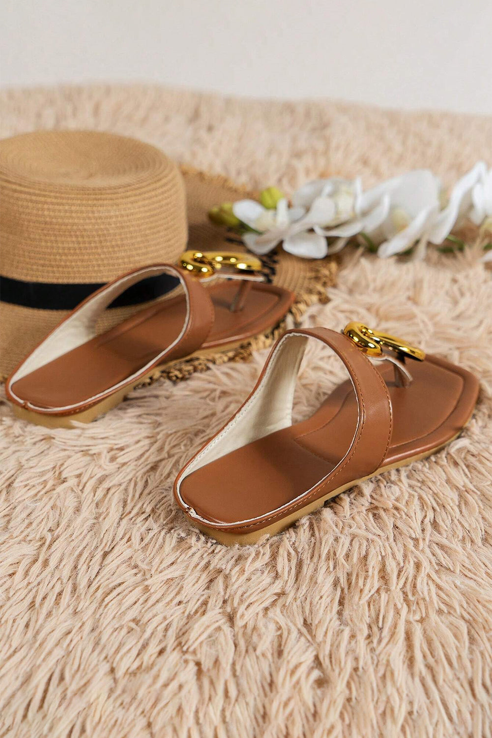 Brown Metal Rings Decor Square Toe Flat Slippers Slippers JT's Designer Fashion