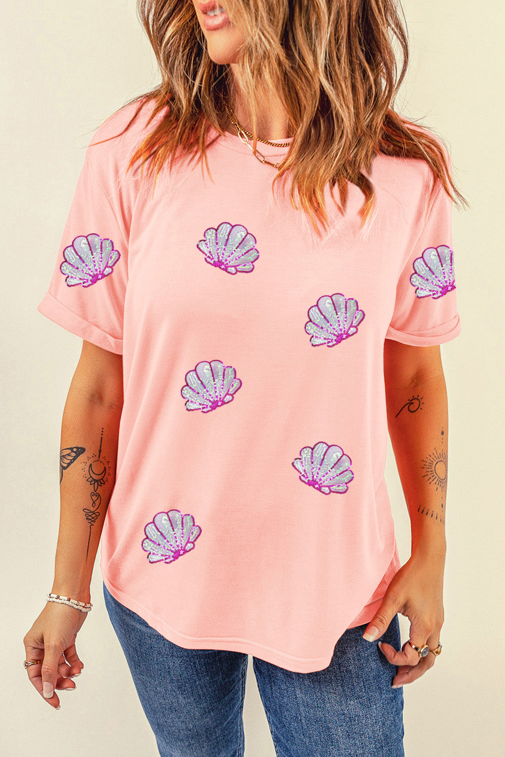Pink Sequin Shell Graphic Round Neck T Shirt Graphic Tees JT's Designer Fashion