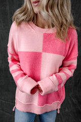 Pink Checkered Colorblock Striped High Low Loose Sweater Sweaters JT's Designer Fashion