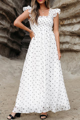 White Polka Dot Flutter Sleeve Square Neck Smocked Long Dress Maxi Dresses JT's Designer Fashion
