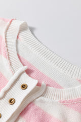 Pink Stripe Half Buttons Drop Shoulder Sweater Sweaters JT's Designer Fashion