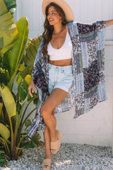 Blue Retro Floral Print Long Loose Open Front Kimono Kimonos JT's Designer Fashion