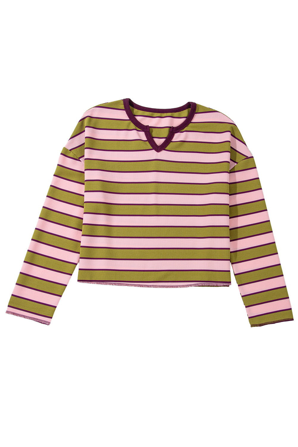 Spinach Green Clashing Stripes Waffle Texture Notched Neck Long Sleeve Top Long Sleeve Tops JT's Designer Fashion