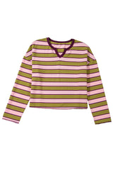 Spinach Green Clashing Stripes Waffle Texture Notched Neck Long Sleeve Top Long Sleeve Tops JT's Designer Fashion