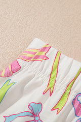 White Cheerful Bow Print Elastic Pull On Casual Shorts Casual Shorts JT's Designer Fashion