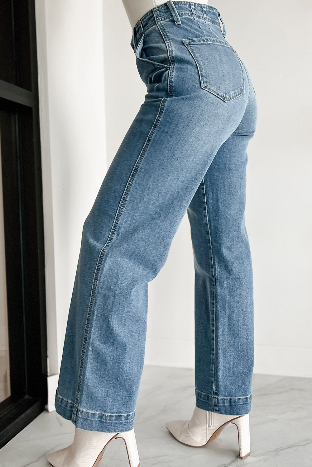 Dusk Blue Multi Button Waist Medium Wash Straight Leg Jeans Bottoms JT's Designer Fashion