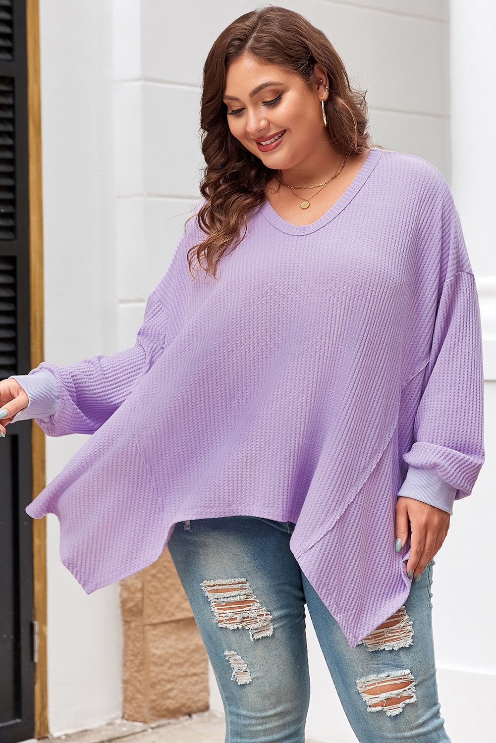 Orchid Petal Plus Size Waffle Knit Exposed Seam Flowy Top Plus Size Long Sleeve Tops JT's Designer Fashion