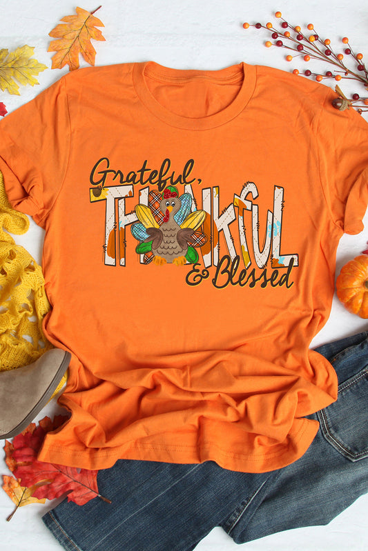 Orange Grateful Thankful Blessed Turkey Graphic Thanksgiving T Shirt Graphic Tees JT's Designer Fashion