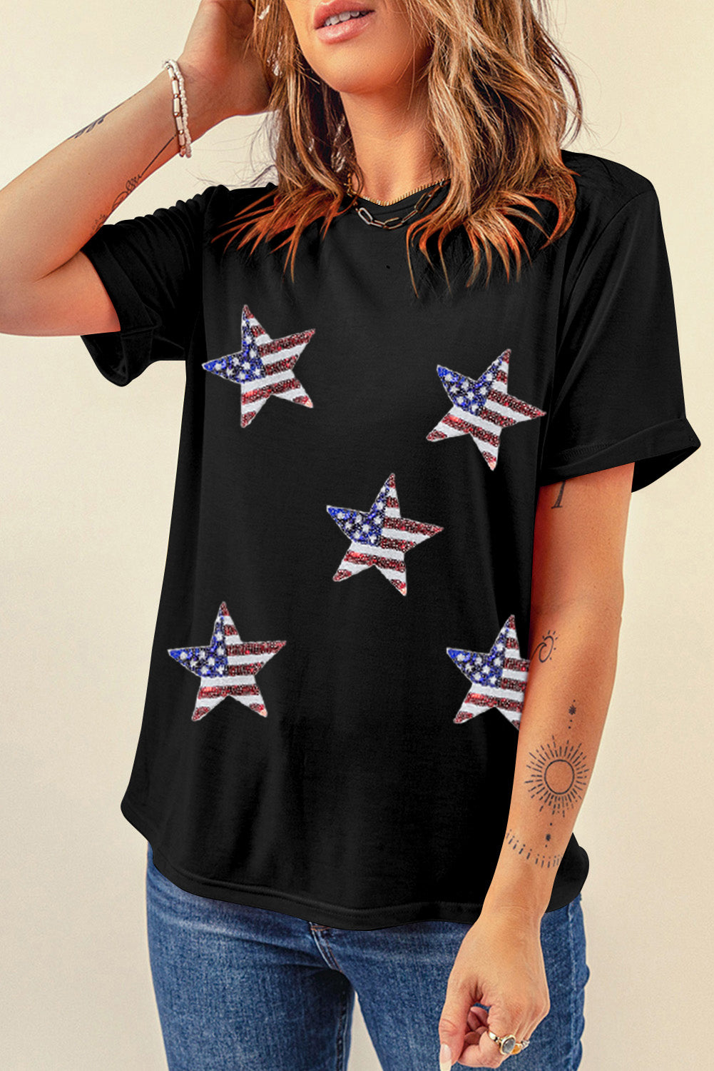 Black Sequined American Flag Star Graphic T Shirt Graphic Tees JT's Designer Fashion