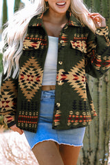 Green Aztec Print Flap Pockets Long Sleeve Shacket Jackets JT's Designer Fashion