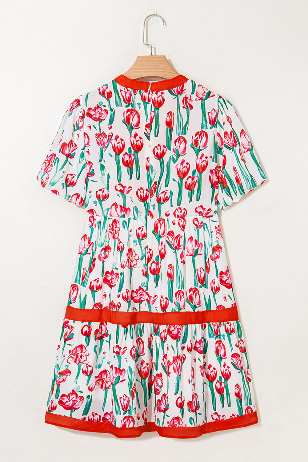 Pink Floral Print Contrast Trim V Neck Bubble Short Sleeve Babydoll Dress Floral Dresses JT's Designer Fashion