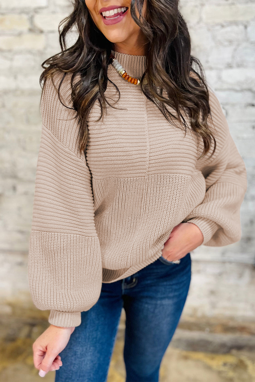 Parchment Mixed Texture Patchwork Knitted Puff Sleeve Sweater Sweaters JT's Designer Fashion