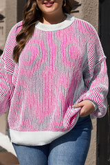 Bright Pink Striped Textured Knit Contrast Edge Loose Sweater Sweaters JT's Designer Fashion