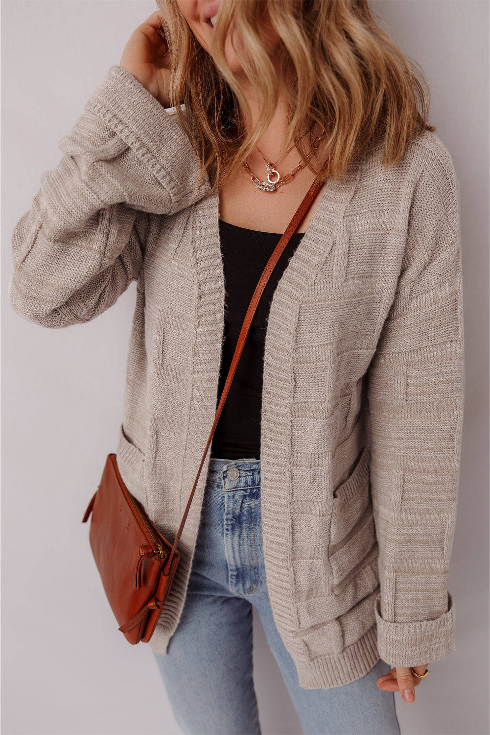 Delicacy Textured Knit Open Front Chic Cardigan with Pockets Cardigans JT's Designer Fashion