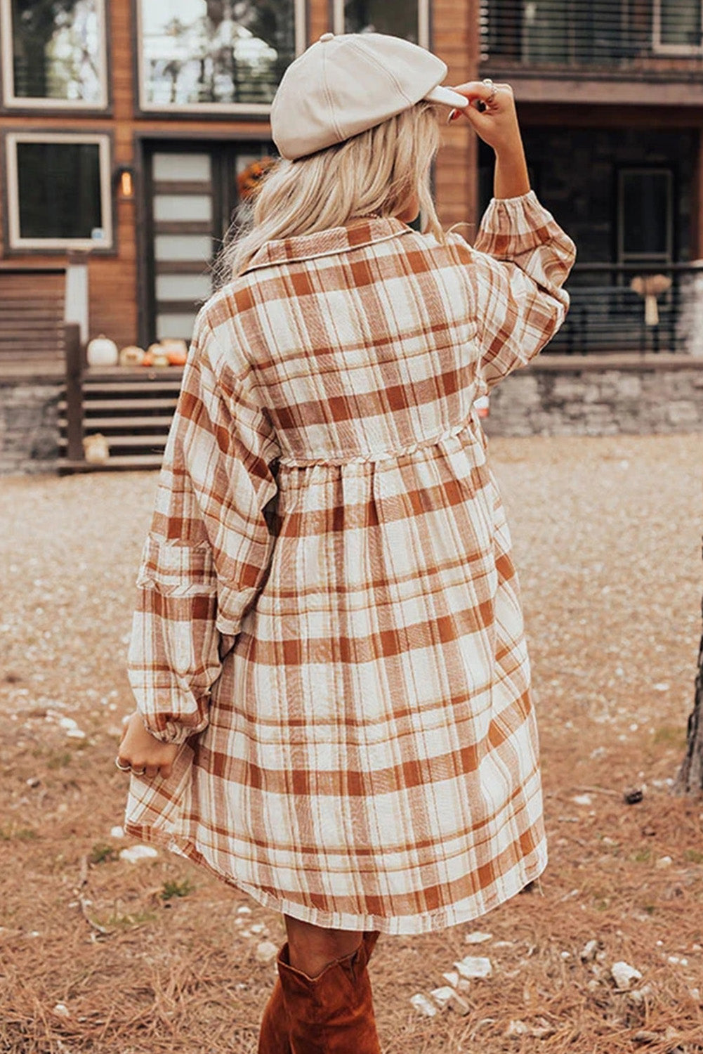 Brown Plaid Print Side Pockets Frilled Babydoll Mini Dress Mini Dresses JT's Designer Fashion